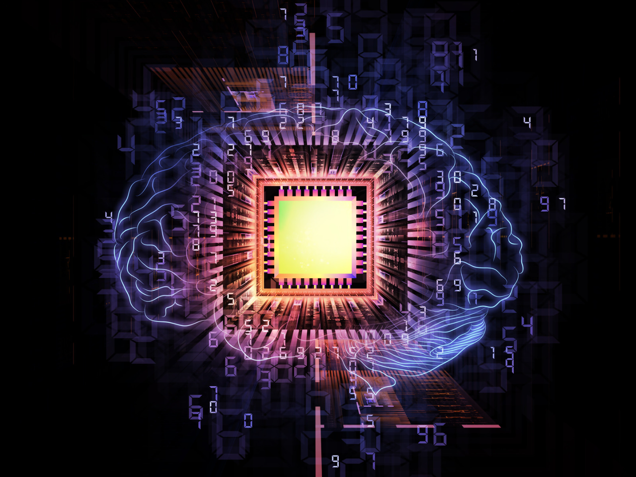 Abstract graphic of an AI brain processor with glowing lights
